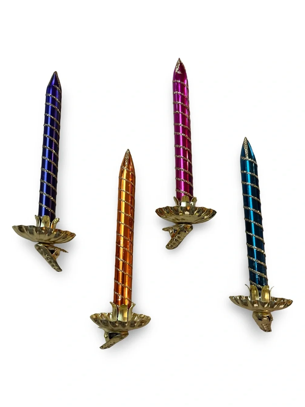 Vintage Glass Candle Tree Ornaments Multi Color Gold Glitter Clip On Set of 4